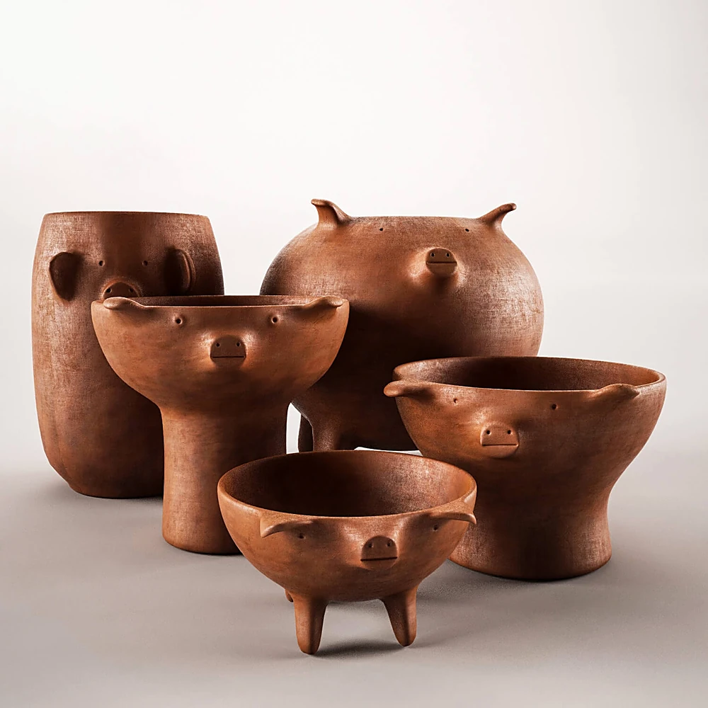 Decorative Objects Set with Pig-Shaped Terracotta