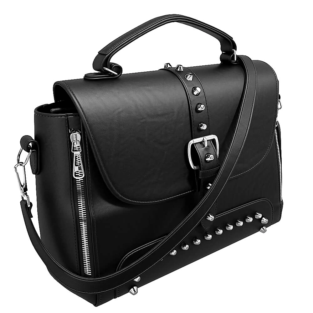 Black Leather Messenger Bag with Studs