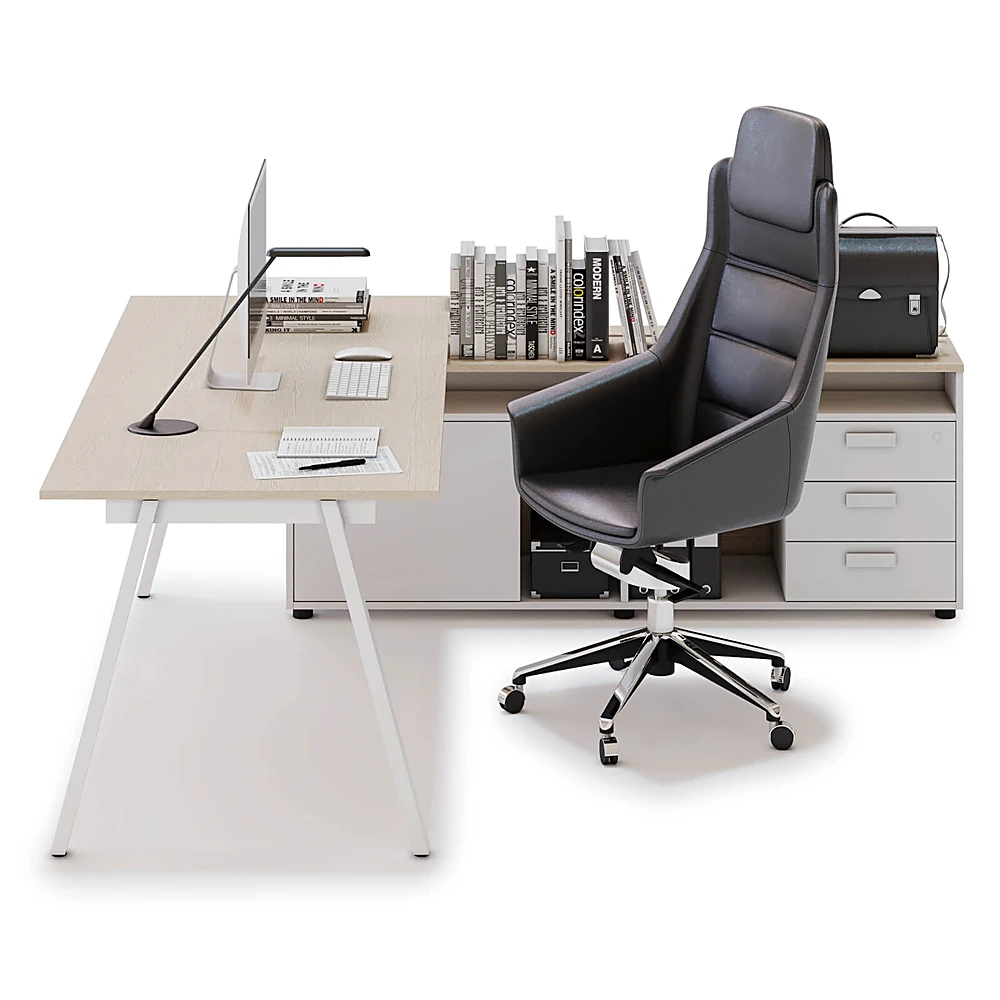 L-shaped Office Desk Set with Storage and Leather Chair