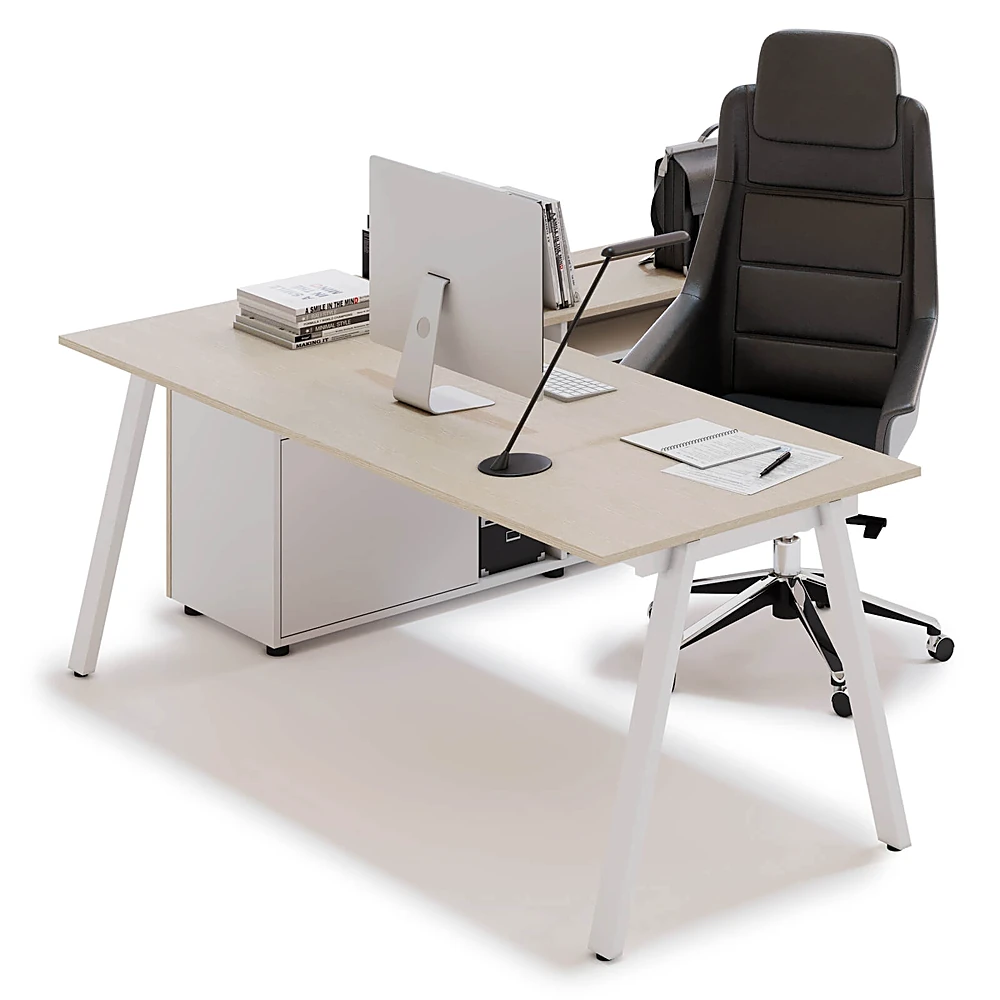 L-shaped Office Desk Set with Storage and Leather Chair (2)