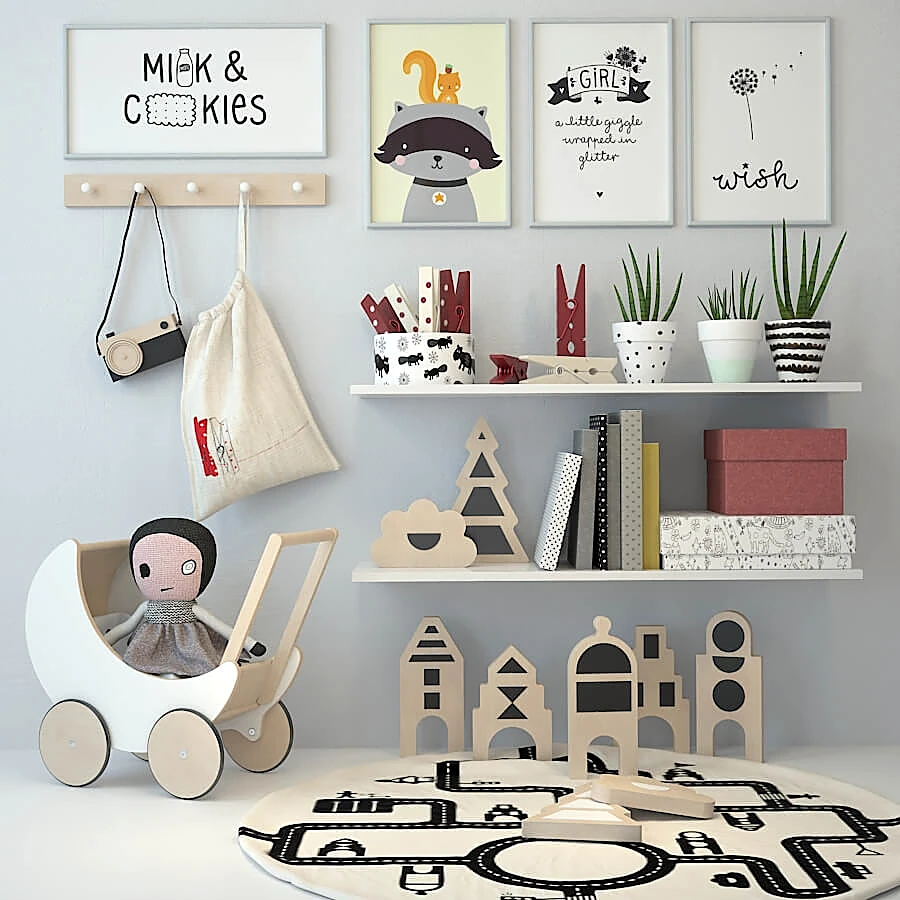 Decorative set for a girl's room with Scandinavian elements