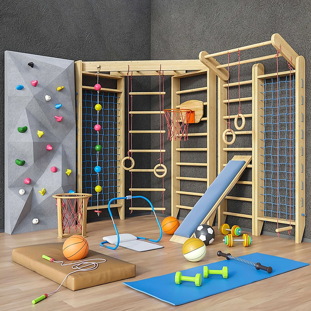 Children's Sports Furniture and Equipment Set with Wooden Climbing Frames and Rock Wall