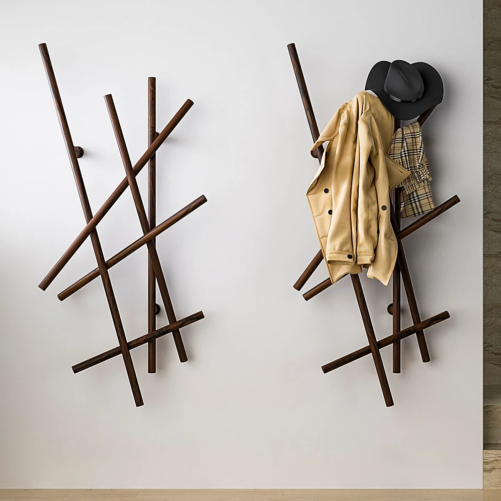 Wall-mounted Coat Rack with Abstract Dark Wood Design