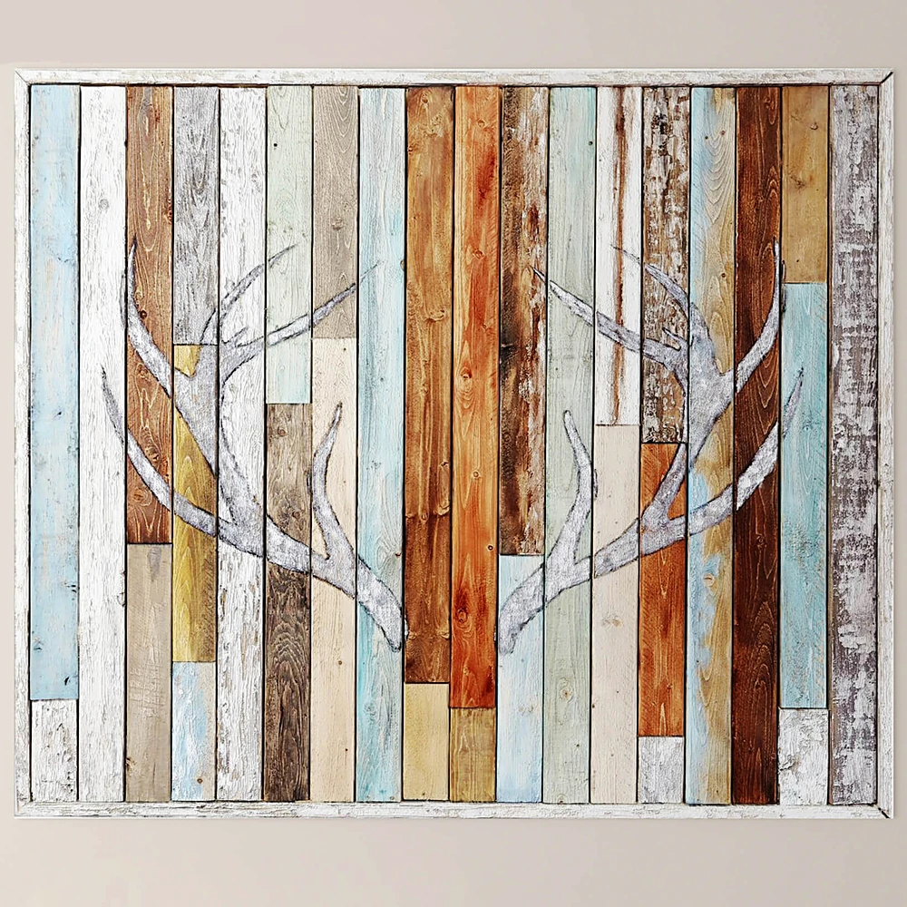 Antler Silhouette Wall Panel with Distressed Wood
