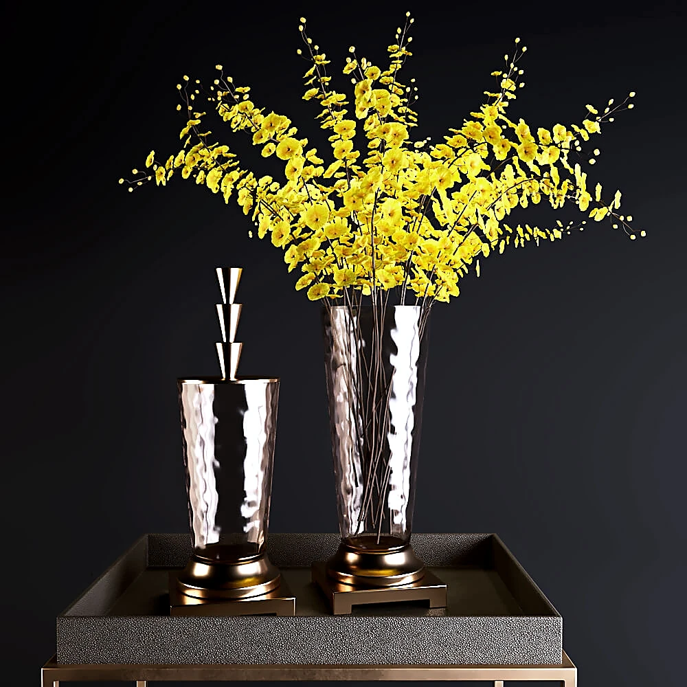 Decorative Vase Set with Yellow Flowers and Hammered Metal