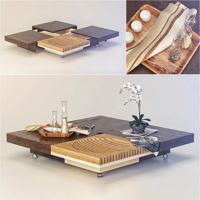 Modular Coffee Table with Sculptural Wood Surface