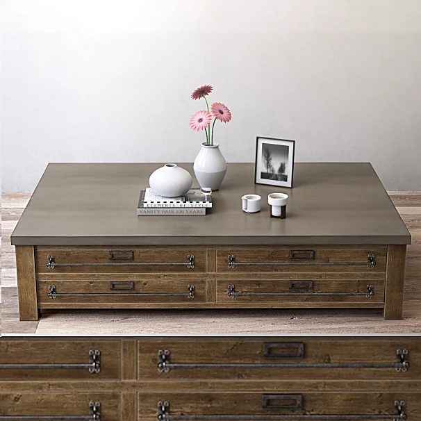 Coffee Table with Zinc Top and Distressed Wood Drawers