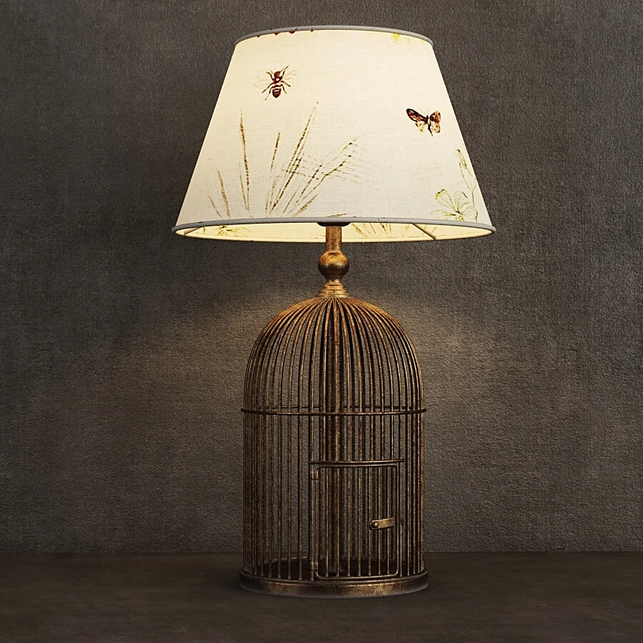 Metal Birdcage Table Lamp with Botanical Shade