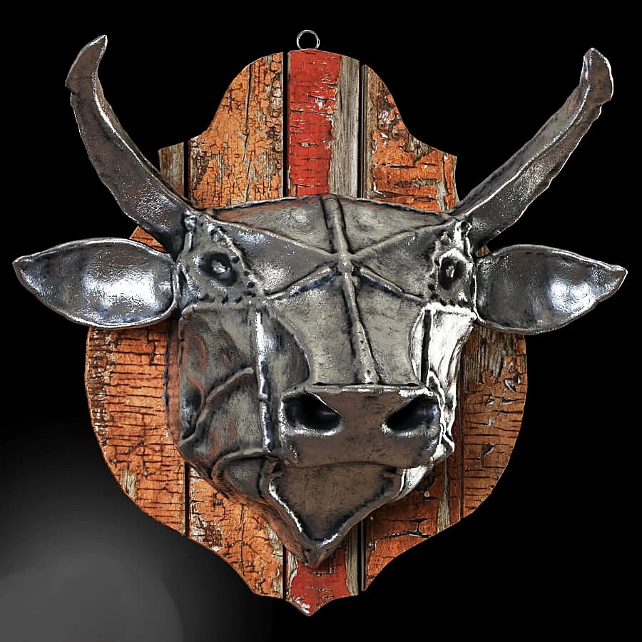 Bull Head Wall Sculpture with Steel and Distressed Wood