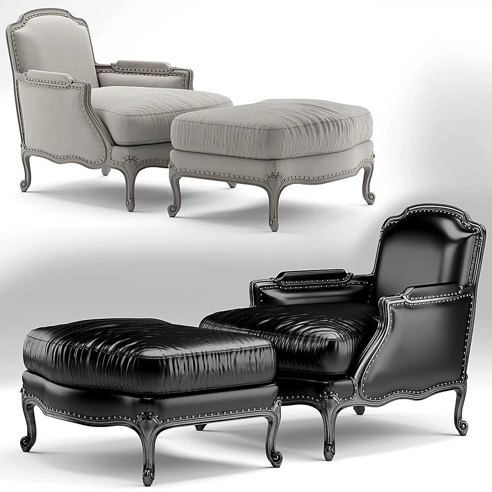 Classic Armchair and Ottoman Set with Curved Legs and Stud Details