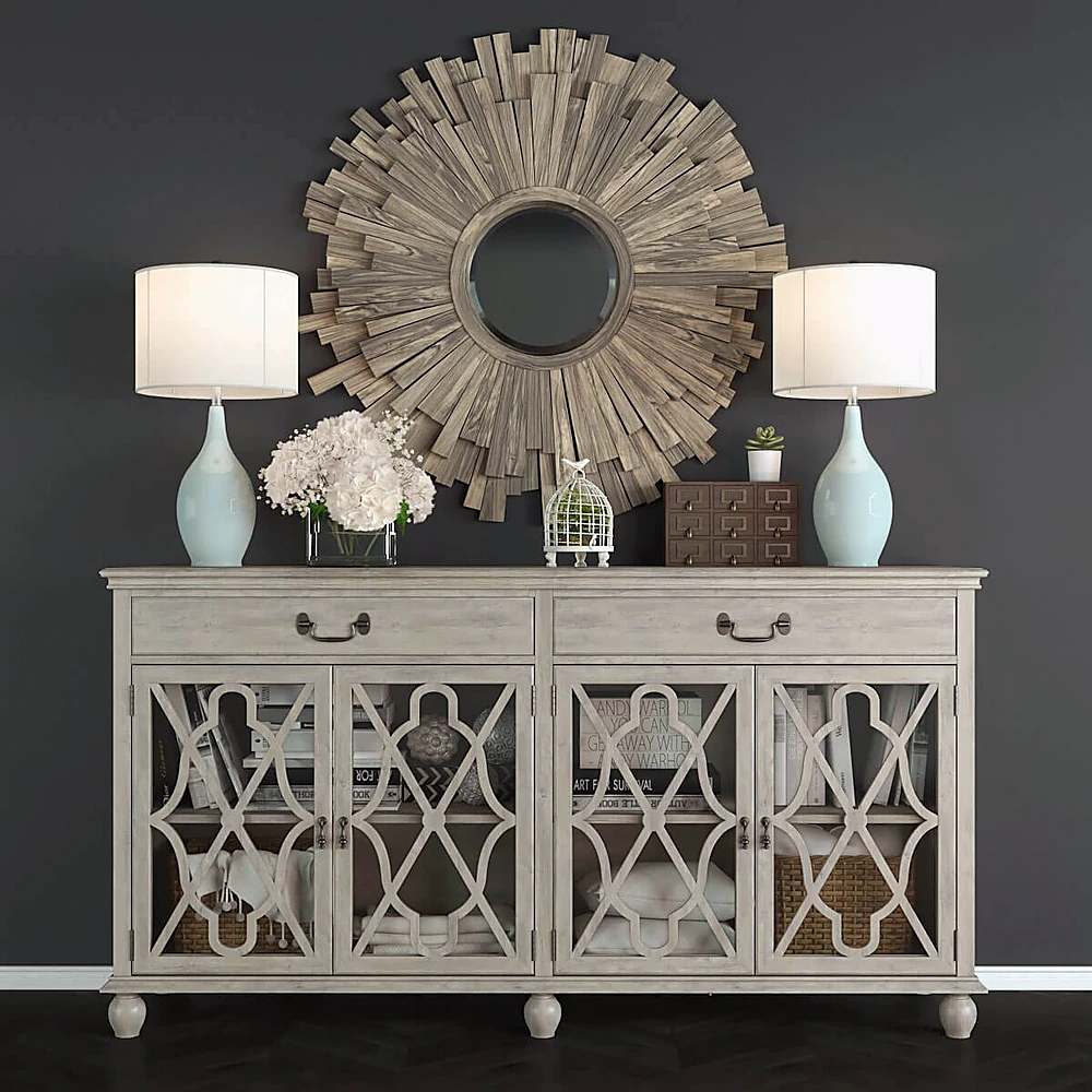 Sideboard with Distressed Wood and Geometric Fretwork