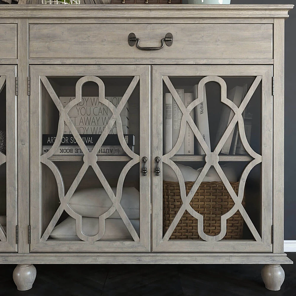 Sideboard with Distressed Wood and Geometric Fretwork (2)