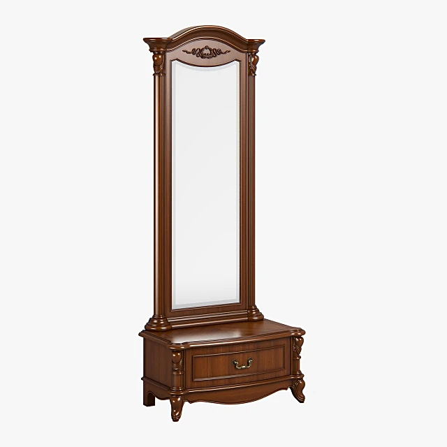 Long mirror with drawer and ornate carvings