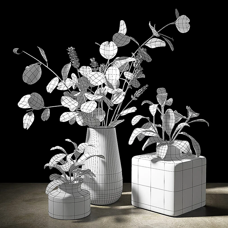 Set of Decorative Plants with Ceramic, Concrete, and Glass Vases (2)