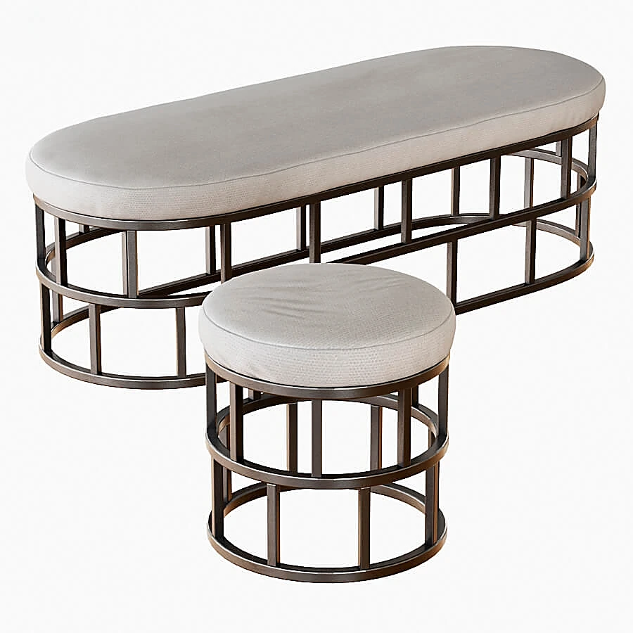 Bench and Pouf Set with Geometric Metal Frame