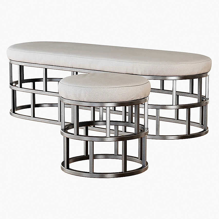 Bench and Pouf Set with Geometric Metal Frame (2)
