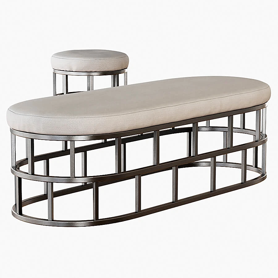 Bench and Pouf Set with Geometric Metal Frame (3)