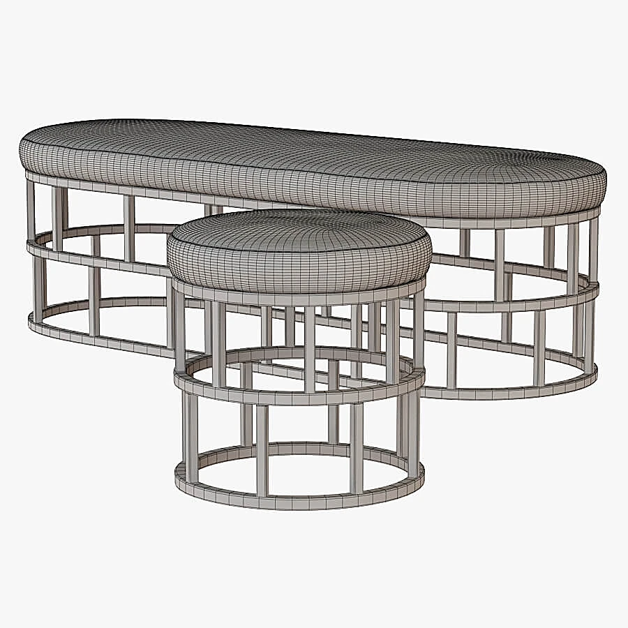 Bench and Pouf Set with Geometric Metal Frame (4)