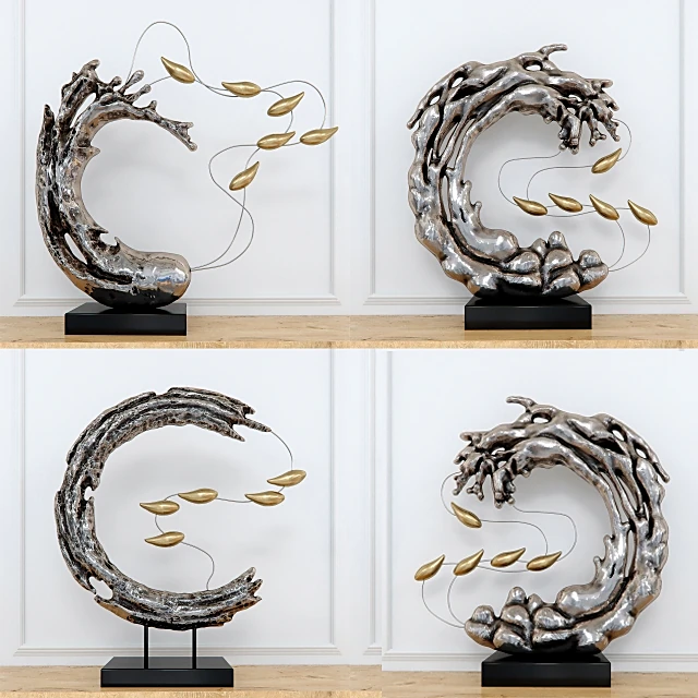 Abstract Resin Sculpture with Golden Leaves