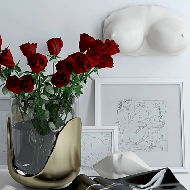 Decorative Set with Roses, Bust, and Line Art