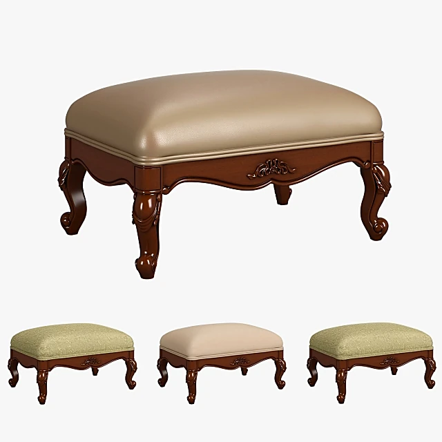 Classic Carved Wood Footstool with Upholstered Top