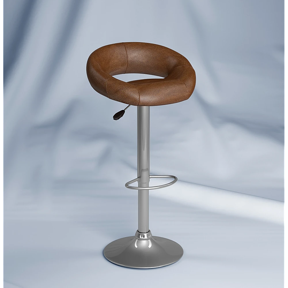 Bar Stool with Brown Upholstered Seat and Adjustable Metal Base