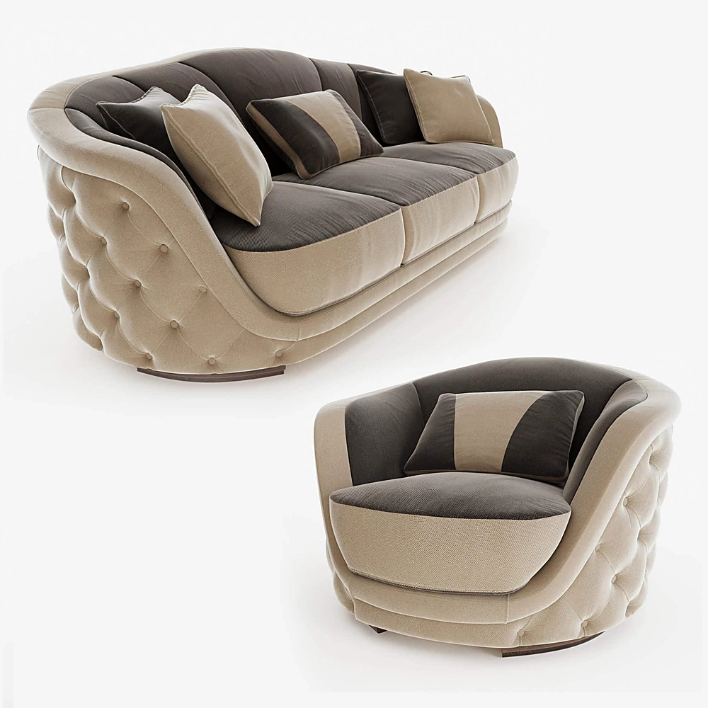 Upholstered Sofa and Armchair Set with Tufted Design (2)