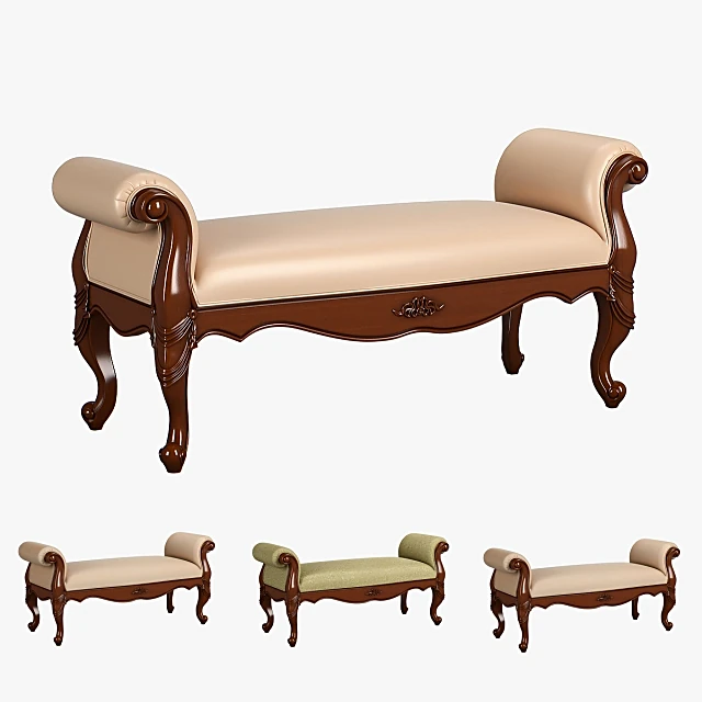 Classic Upholstered Bed Bench with Carved Wood Frame