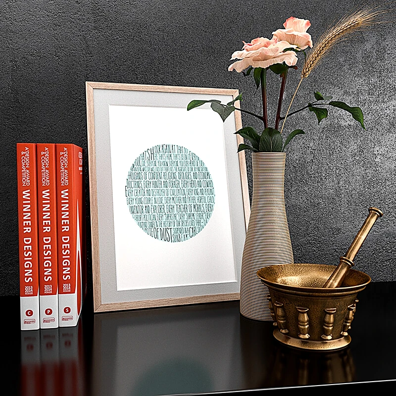 Eclectic Decorative Set with Framed Art and Brass Mortar