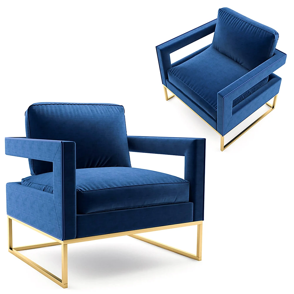 Modern Blue Velvet Armchair with Gold Metal Base