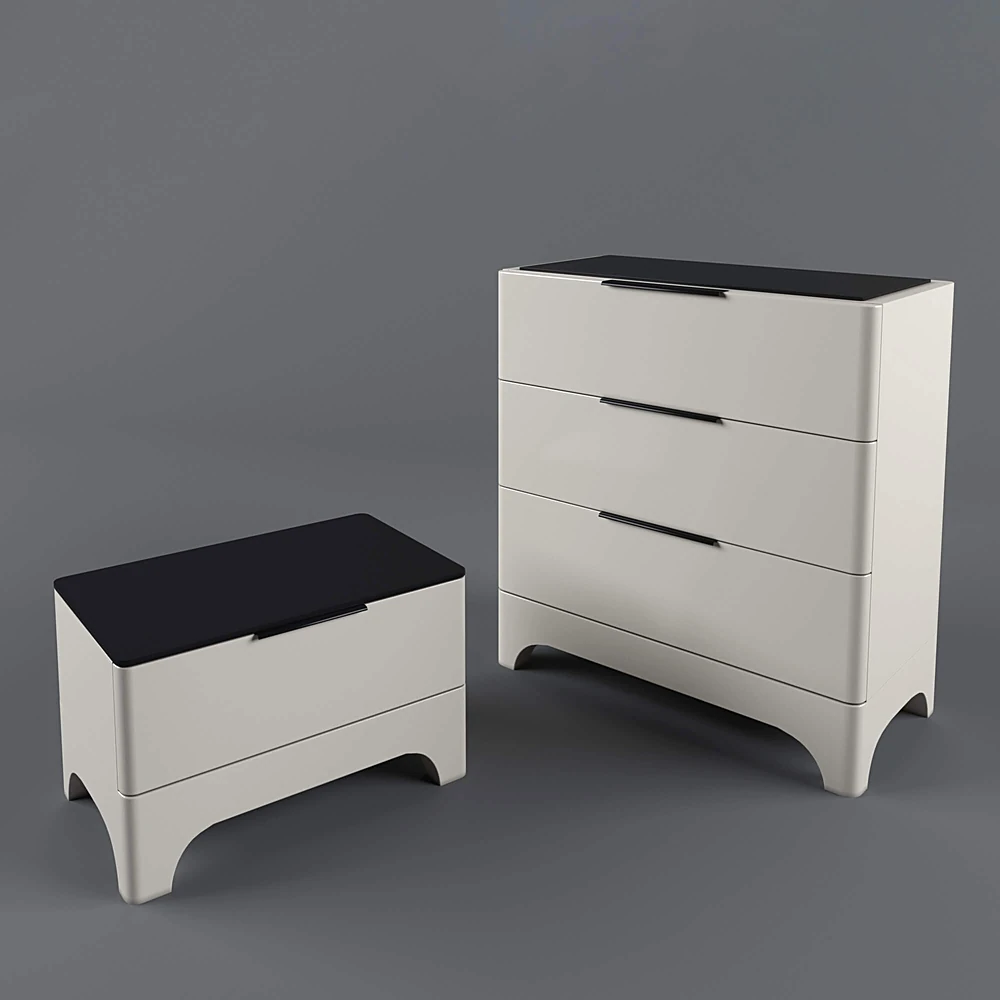 Chest of drawers and bedside table with curved base and dark top