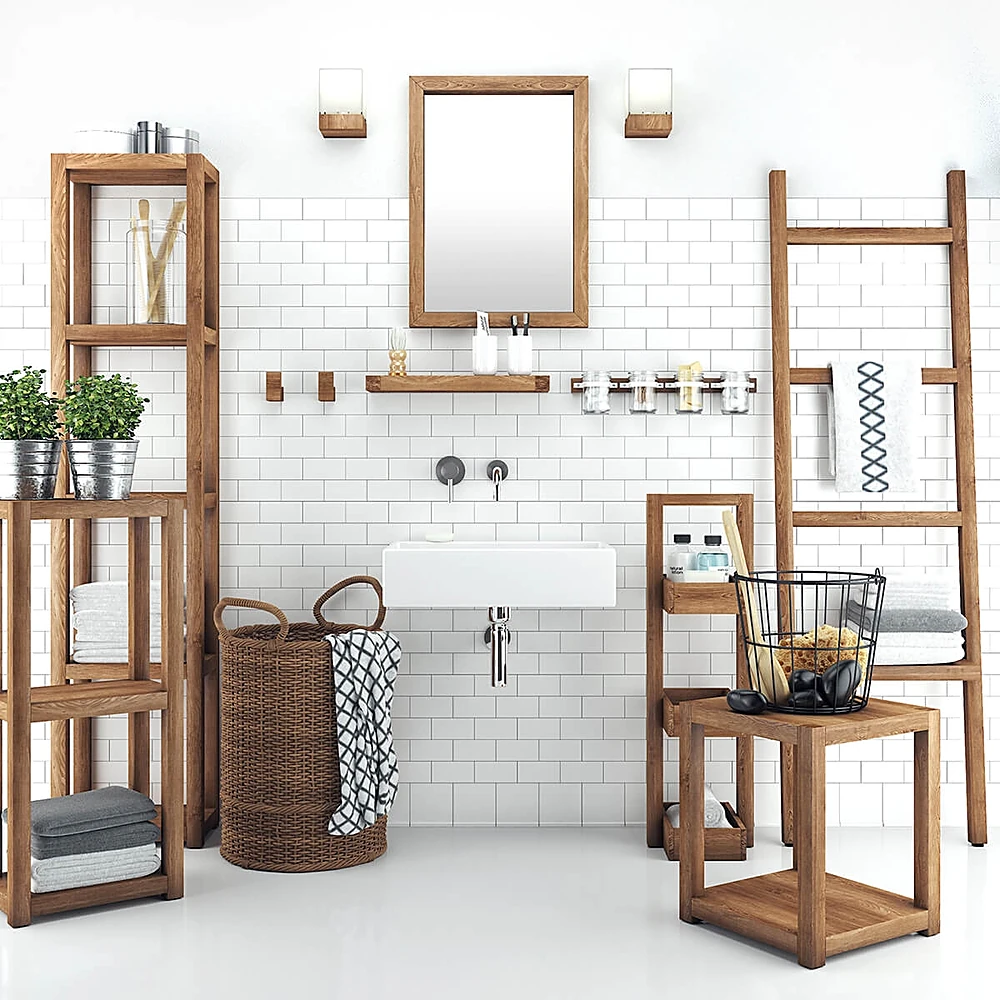 Bathroom furniture set with natural wood