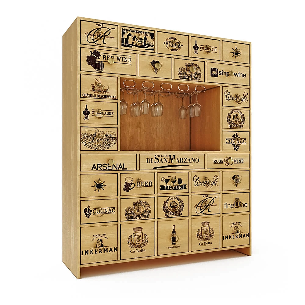 Wine Locker with Themed Drawers and Glass Holders