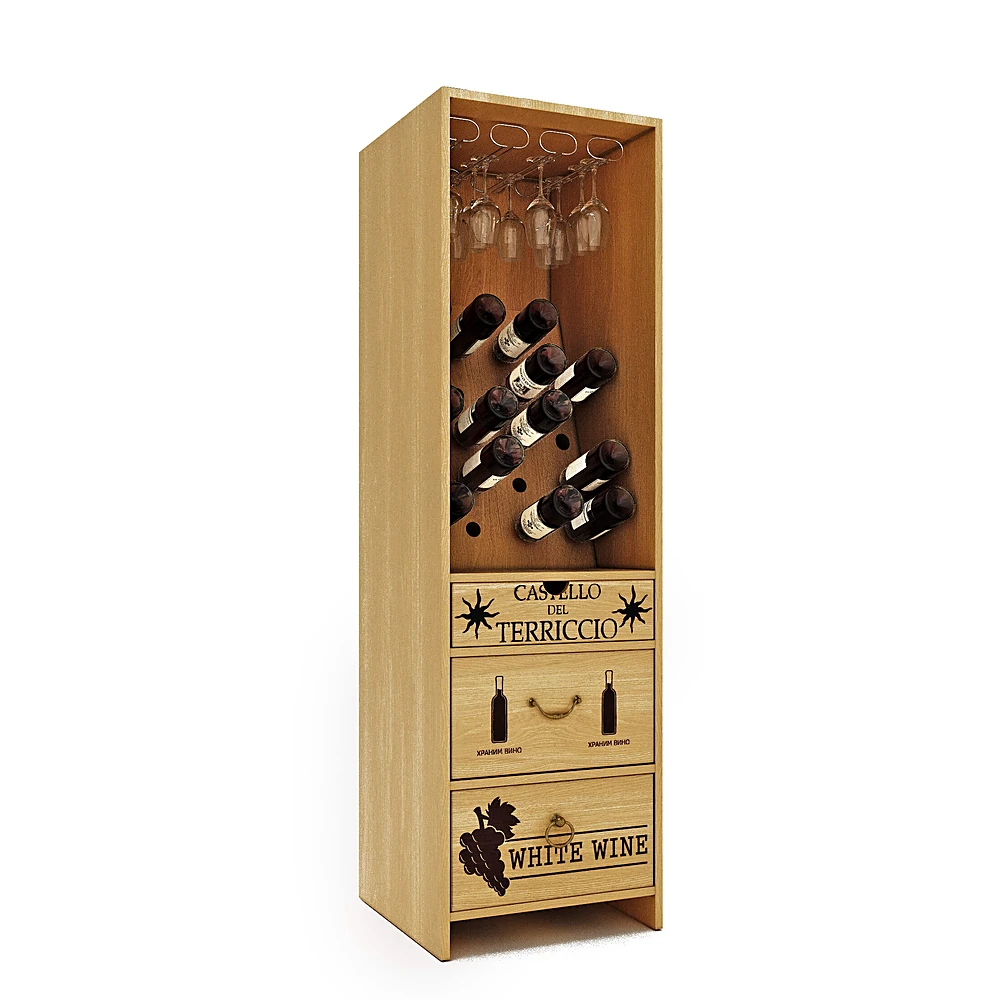 Wooden Wine Locker with Drawers and Glass Rack