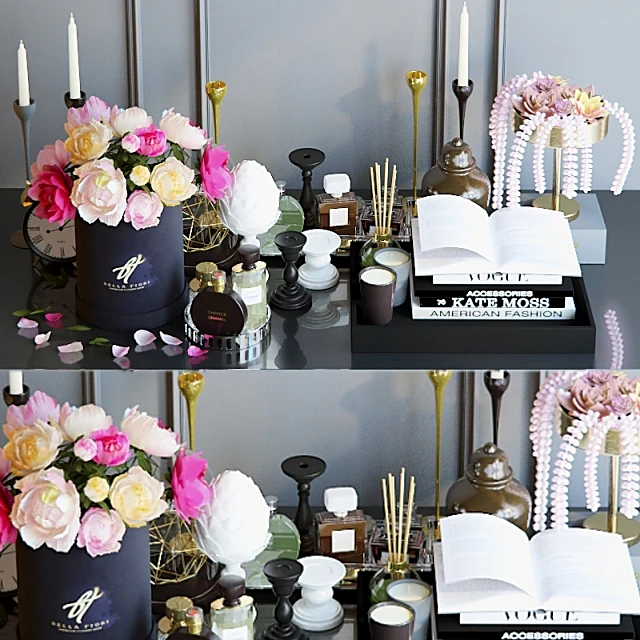 Decorative Set with Flowers, Books, and Candles
