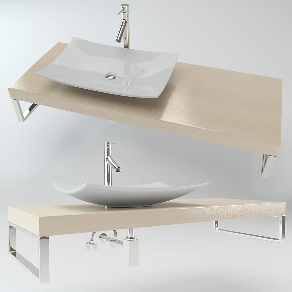 Washbasin Set with Wooden Counter and Modern Faucet