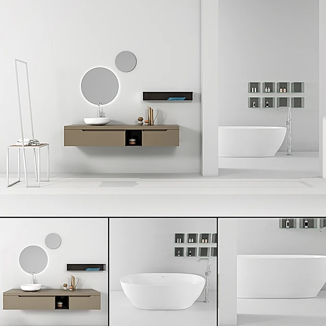 Bathroom furniture set with Floating Vanity and Round Mirrors