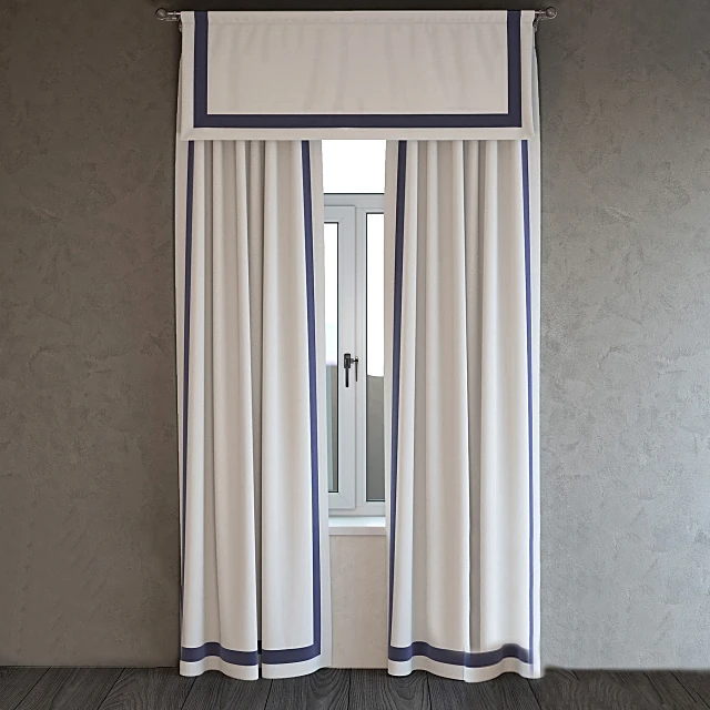 Cotton Canvas Drapery Panel with Blue Border