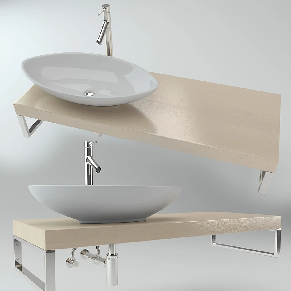 Countertop Washbasin with Wooden Shelf and Metal Supports