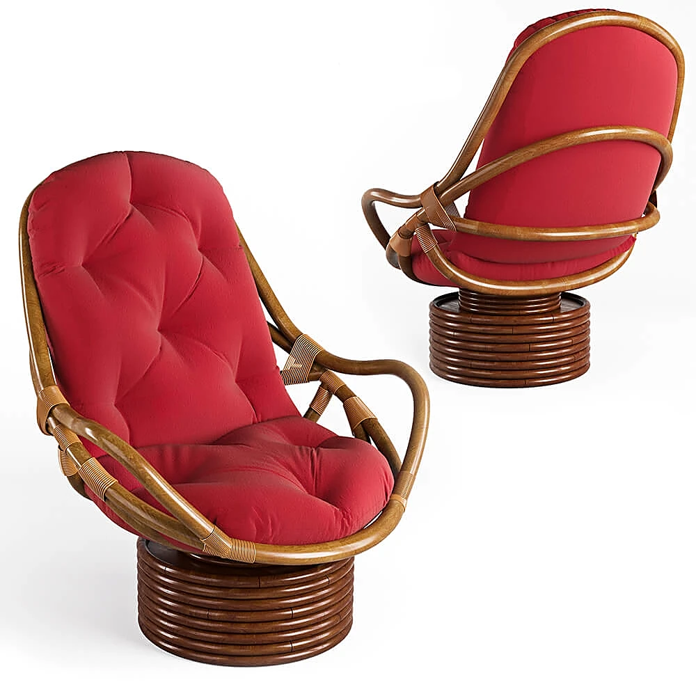 Swivel Armchair with Rattan Frame and Red Cushion