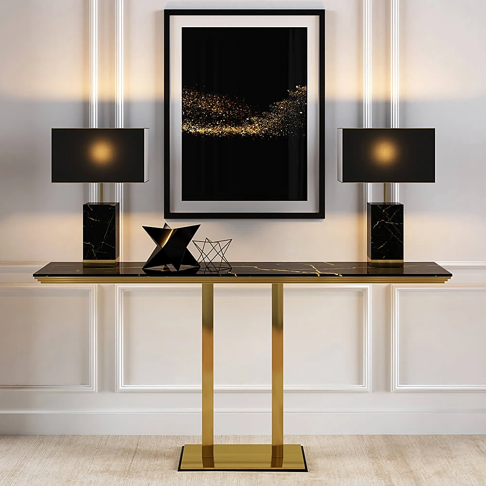 Console Table with Gold and Black Marble Finishes