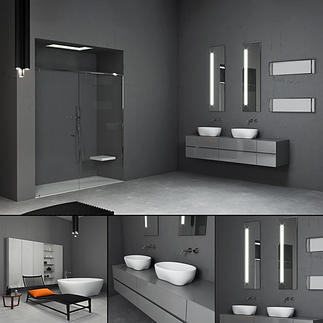 Bathroom furniture set with glossy grey finish and vessel sinks