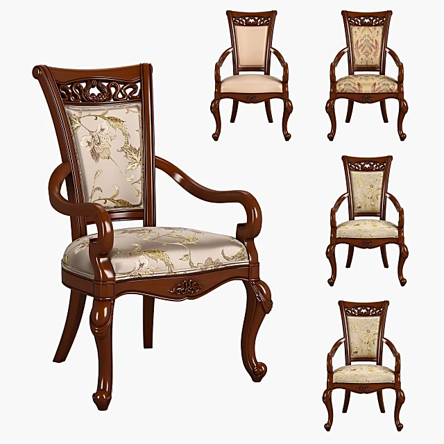 Arm Dining Chair with Carved Wood and Floral Upholstery
