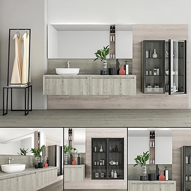 Bathroom furniture set with Wood Vanity and Glass Cabinet