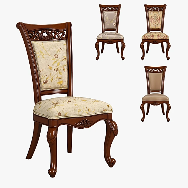 Dining Chair with Carved Wood and Floral Upholstery