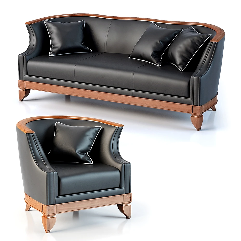 Classic Black Leather Sofa and Armchair Set