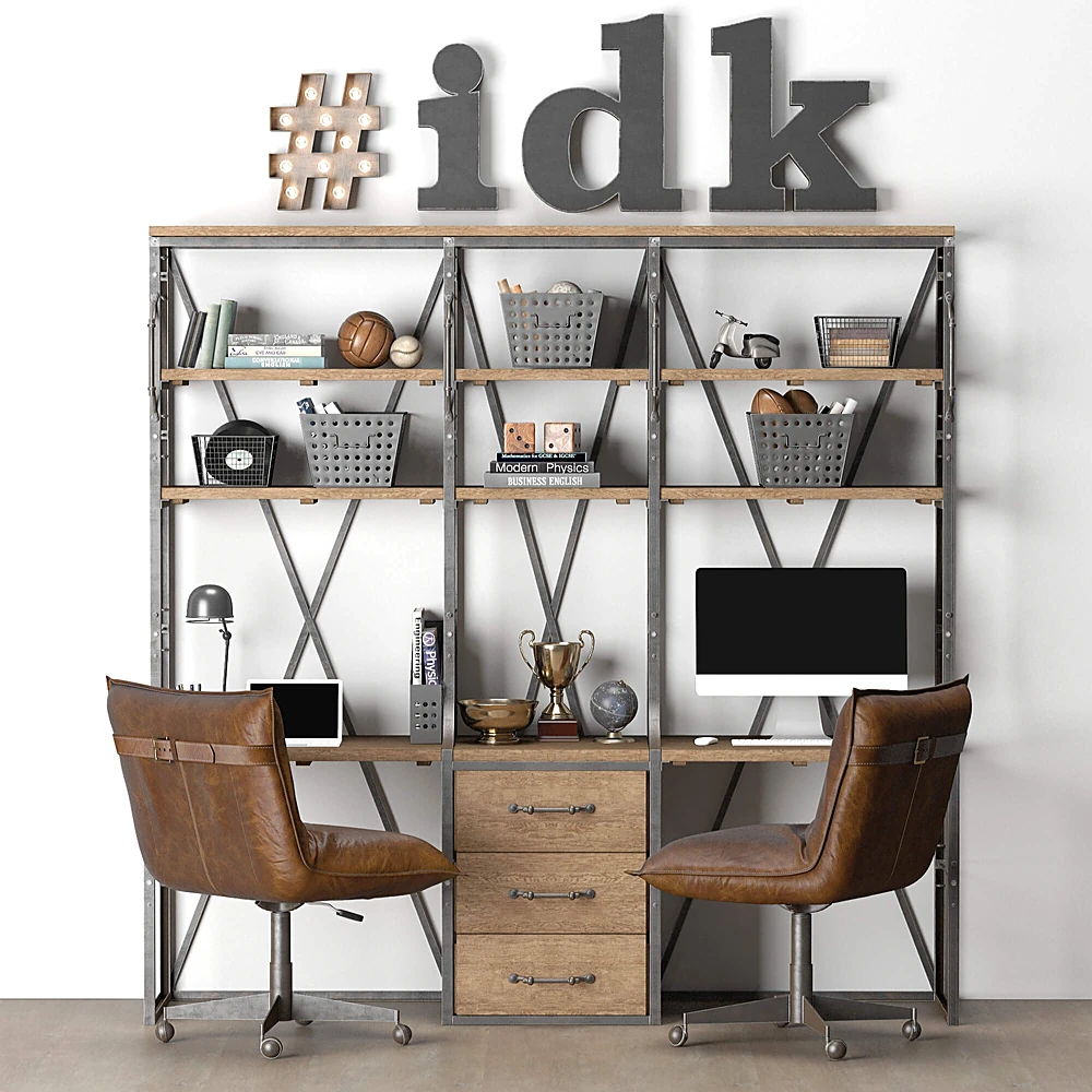 Double Desk and Shelving Unit with Industrial Wood and Metal