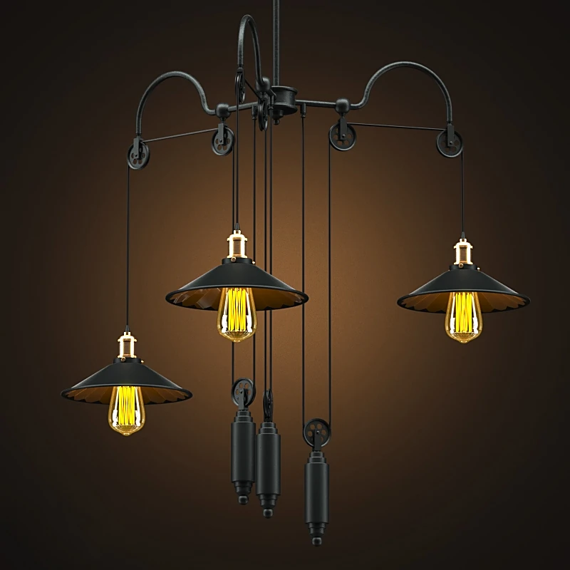 Industrial Chandelier with Pulley System and Cone Pendants