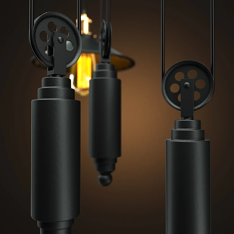Industrial Chandelier with Pulley System and Cone Pendants (3)
