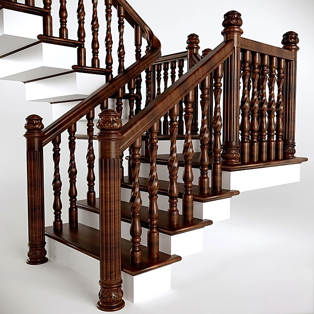 Wooden Two-Step Staircase with Carved Balusters